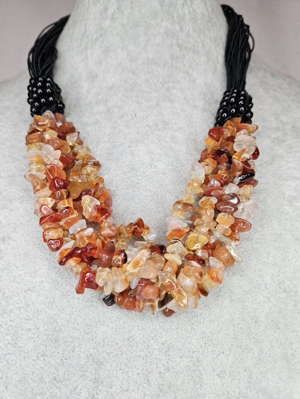 Artisan Vintage Multi Strand Carnelian Gemstone Chip Chunky Bib Necklace 16"